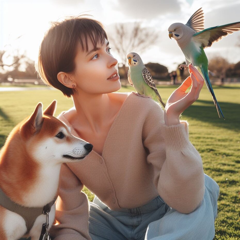 Mulher esta sentada em um gramado ao lado de seu cão shiba enquanto várias caturritas se aproximam dela no ar.