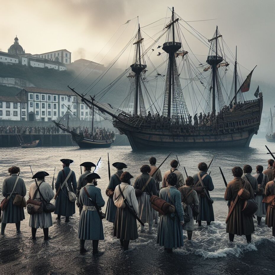 Uma galera chega no porto do Desterro, onde é recebida por um grupo grande de imigrantes portugueses que já vivem no local
