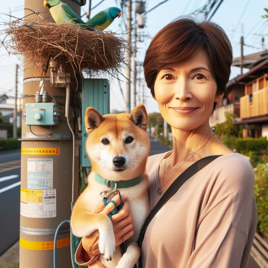 mulher segura sua cachorra shiba no colo ao lado de um poste com transformador, onde há um ninho de aves