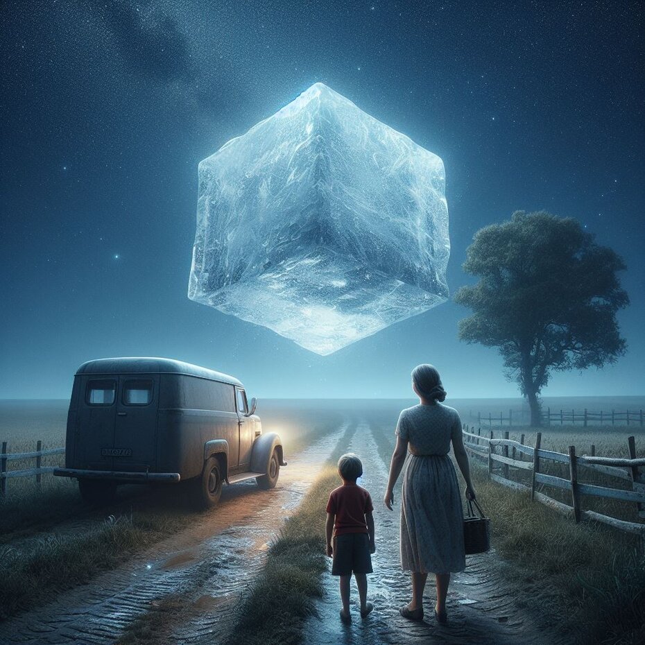 Uma mulher e seu filho caminham por uma estrada de terra sob um céu estrelado. Flutuando no ar acima da copa de uma árvore, eles avistam um imenso cubo de gelo.
