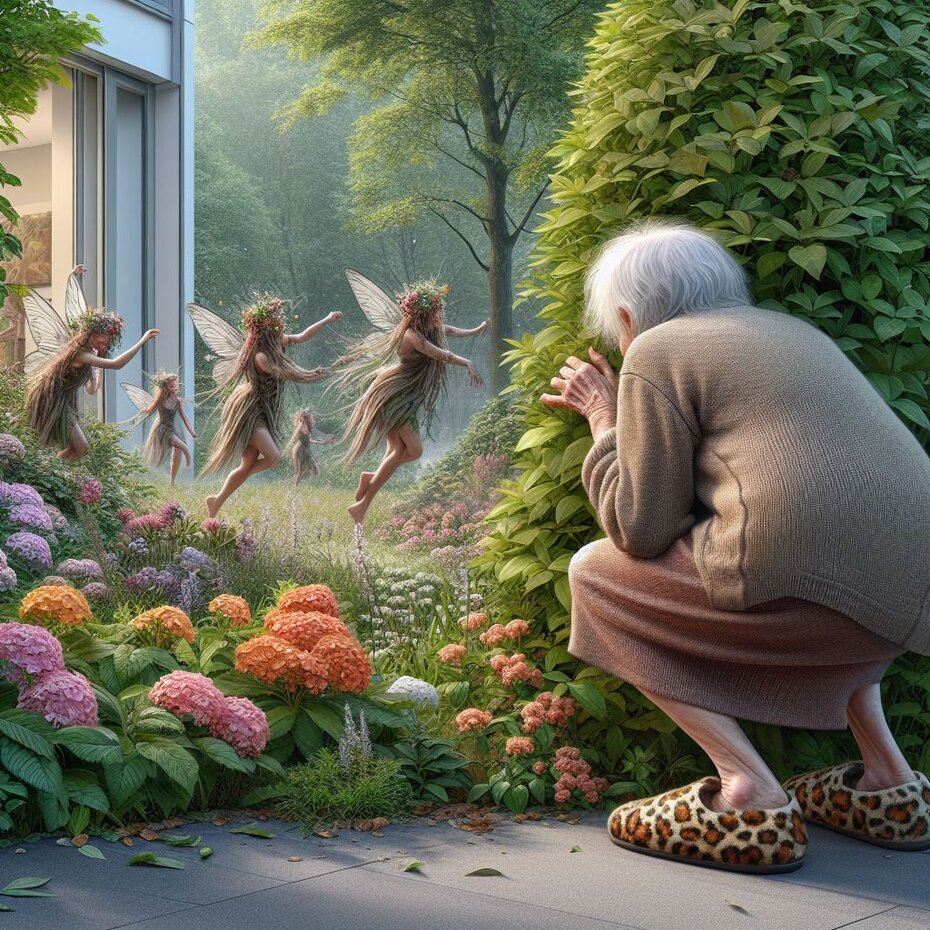 an old woman is looking at the fairies dancing in the garden