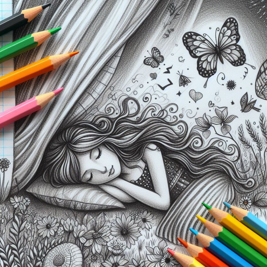 desenho a lapis de uma garota dormindo. Ao fundo voam borboletas, insetos e pássaros. Sobre os desenhos aparecem os lápis de cor