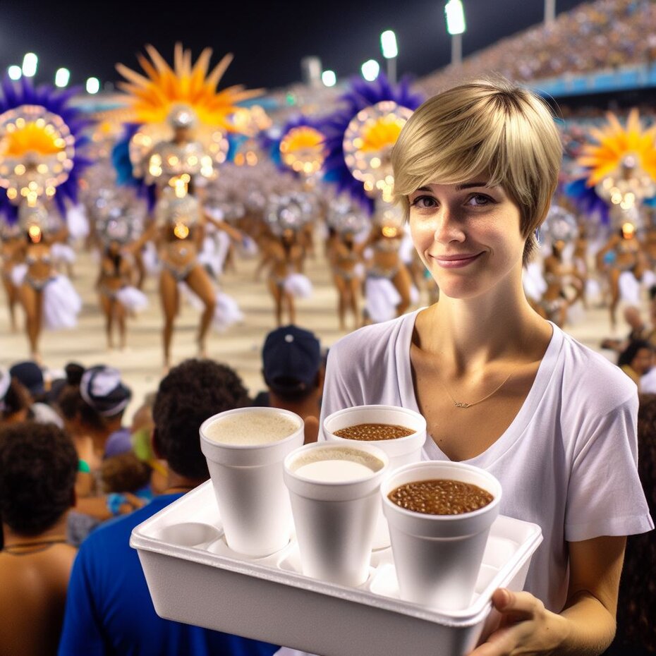 mulher loura segura uma bandeja com vários copos de caldinho de feijão em pleno Sambódromo durante um desfile de carnaval