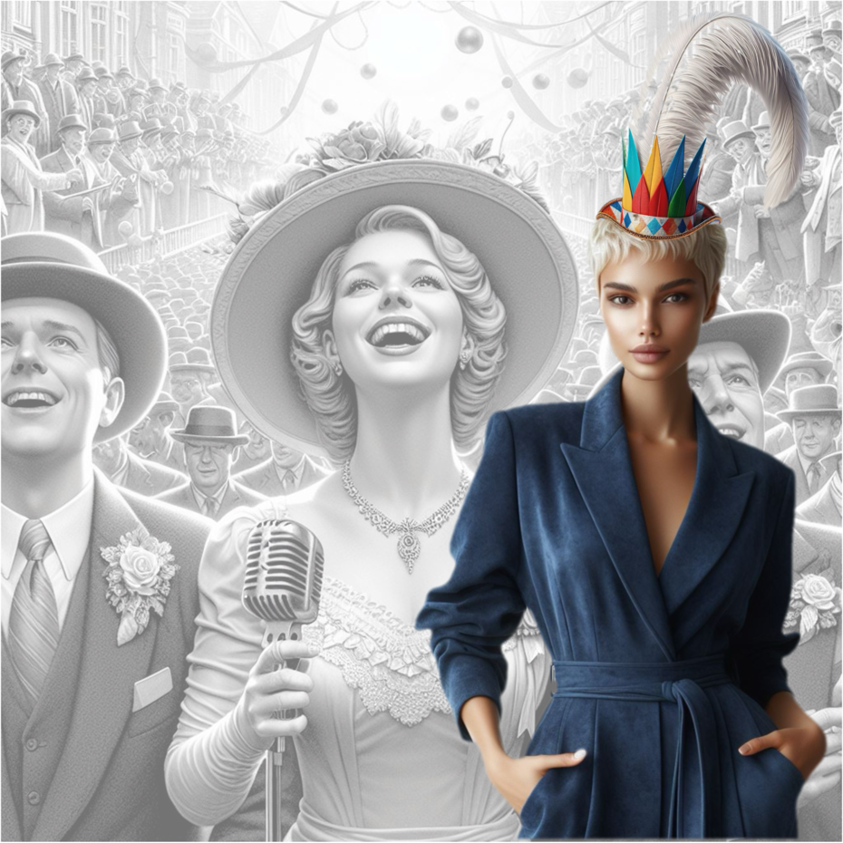 mulher elegante com um penacho na cabeça em frente a um trio que canta uma marchinha de carnaval
