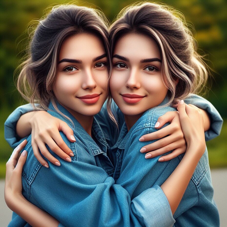 two twin sisters embrace each other