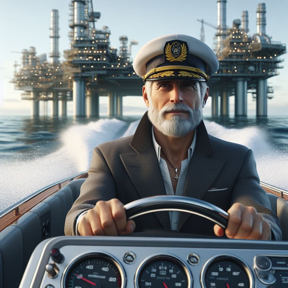  middle-aged man racing a speedboat in front of an oil platform