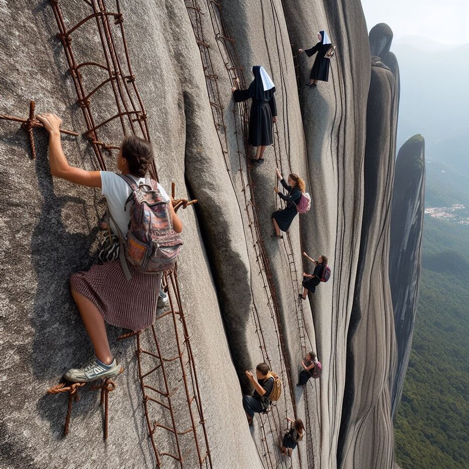 a woman, a nun and a group of children are escalating Pedra do Baú