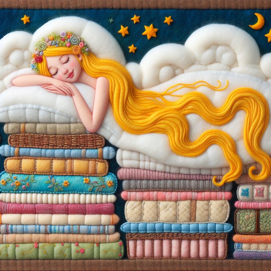 a girl is sleeping over a pile of mattresses