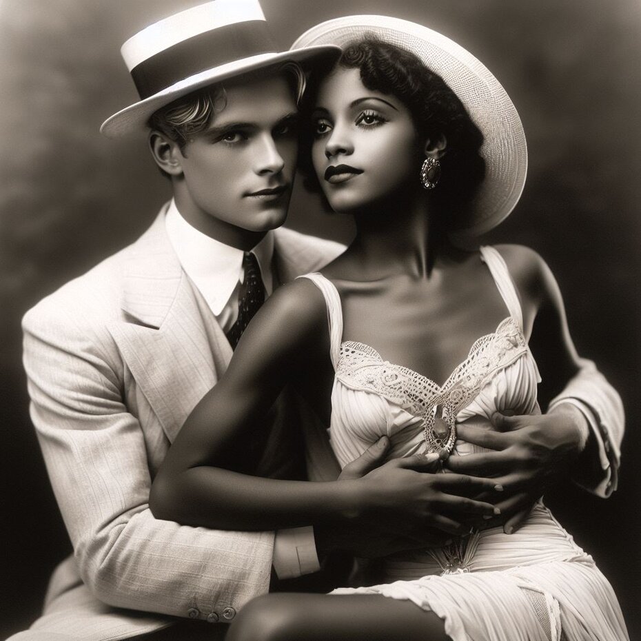 A blond man embraces a dark-skinned young woman that works in a cabaret