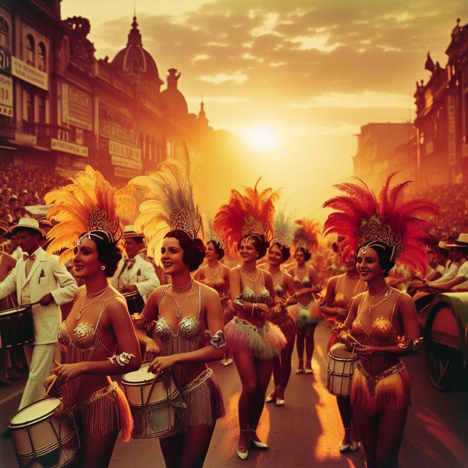 grupo de mulheres em um desfile de carnaval nas ruas do Rio em 1937
