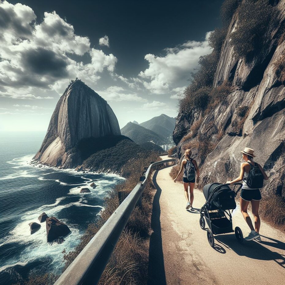 two women and a baby stroller passing the Sugar Loaf