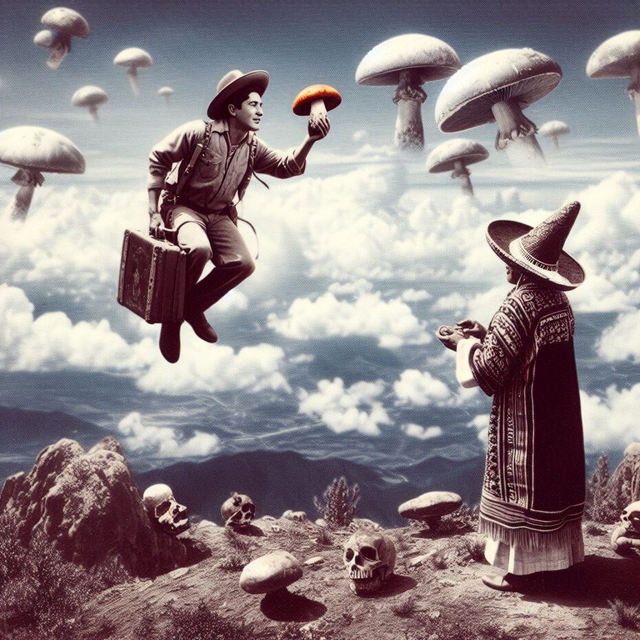 a man is flying with a mushroom in his hands while he is observed by a shaman