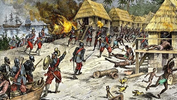 european invaders destroy villages and kill Indians in America
