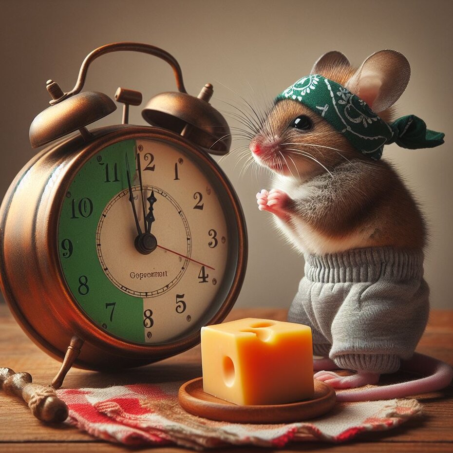 rato que cuida do corpo olha atentamente o relógio enquanto aguarda a hora em que poderá começar a comer