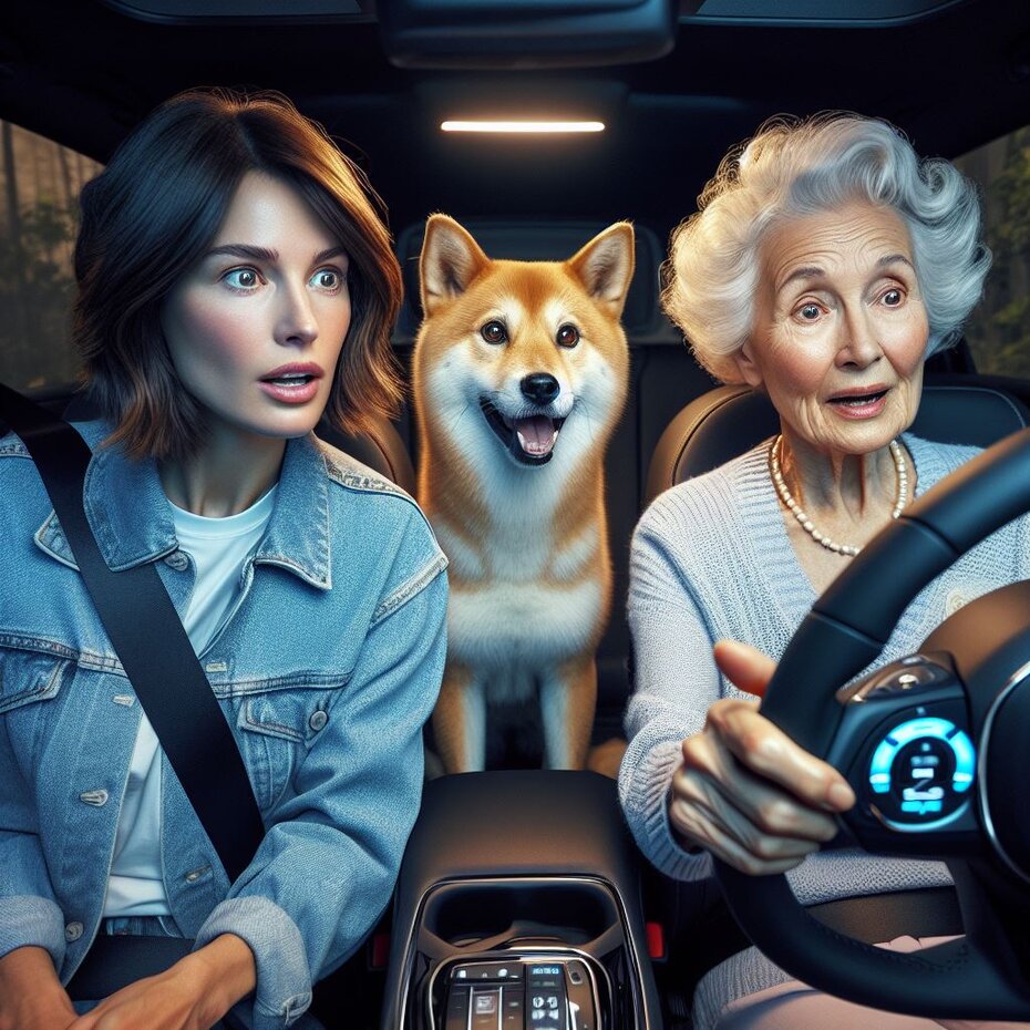 mulher, sua cachorra e sua mãe se espantam com as maravilhas de um carro moderno
