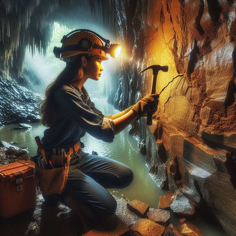 geologist collecting water from fractures in a cave wall