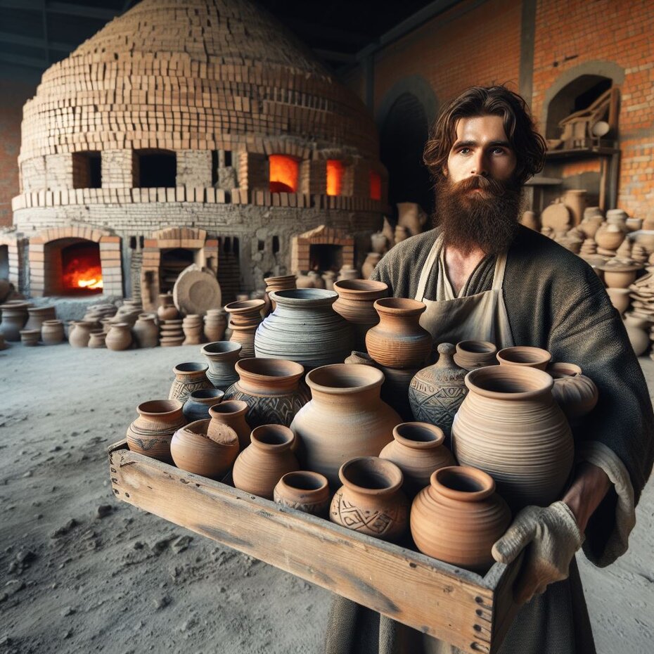 ceramista carrega suas obras. Atrás dele vemos o forno de queimar cerâmica.