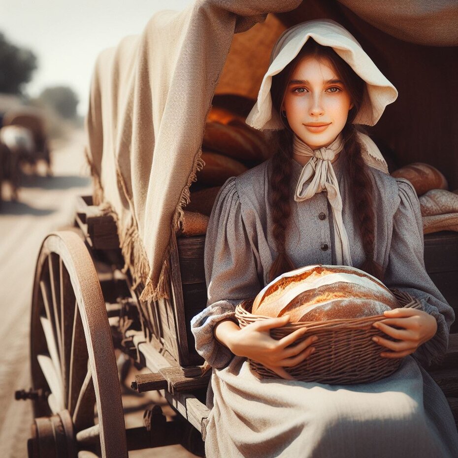 a woman traveling by the Wild West holding a bread in her arms