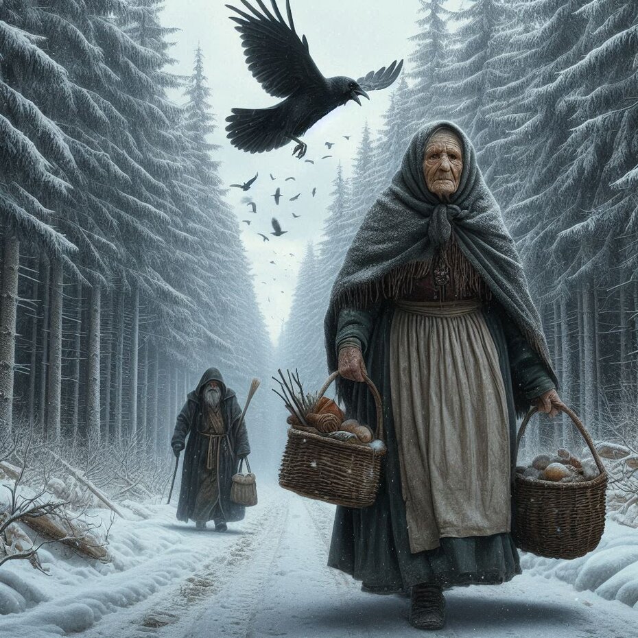 casal de peregrinos e o corvo